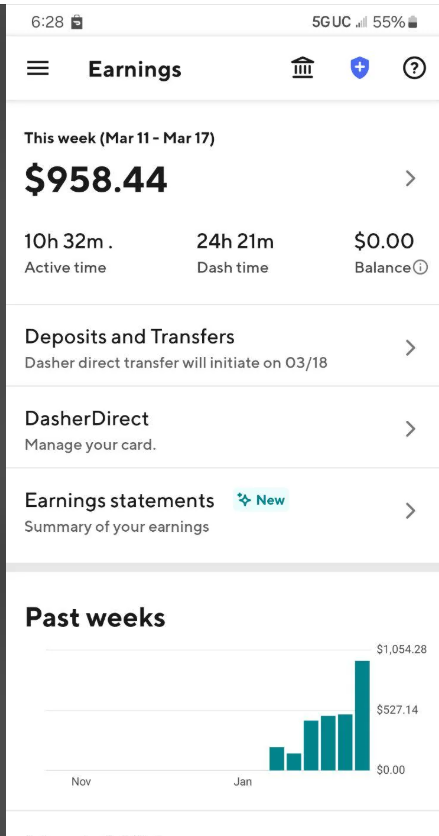 Delivery app weekly earnings screenshot showing $958.44