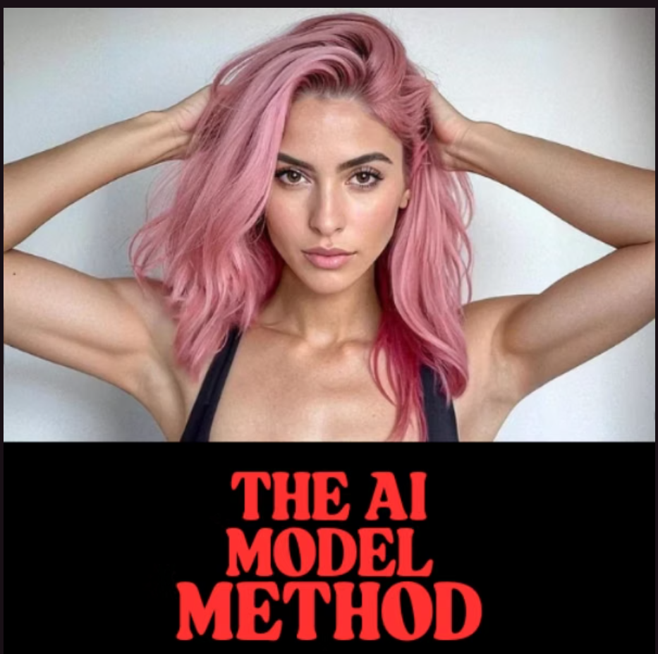 The AI Model Method — model with pink hair and bold red course title